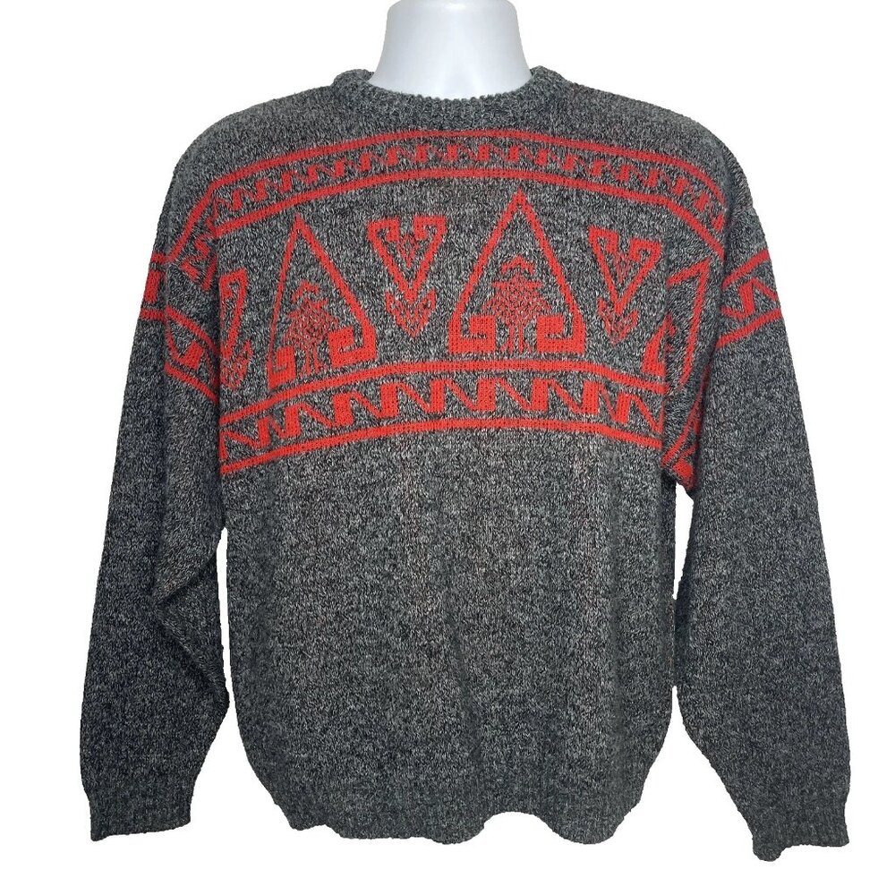 Vintage 80s Campus Gray Red Space Dyed Geometric Aztec Sweater
